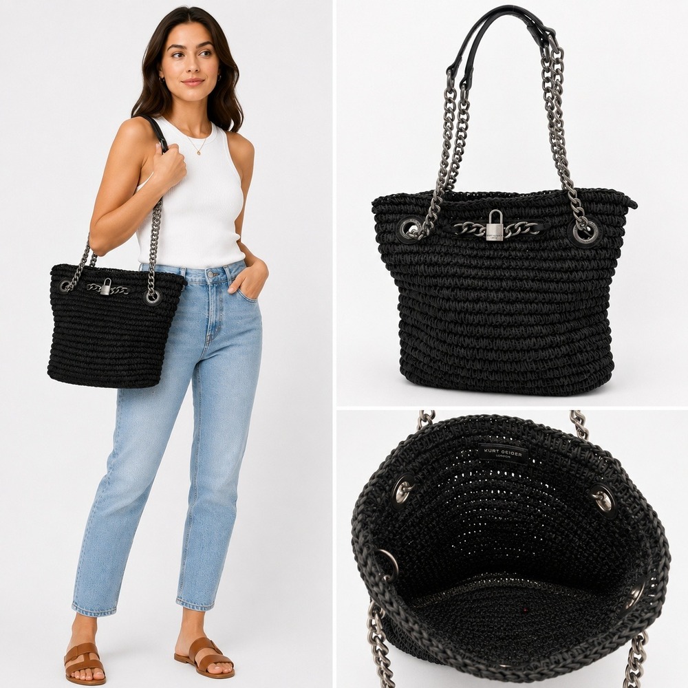 Kurt Geiger London Black Woven Raffia Chain Tote Shoulder Bag NWOT